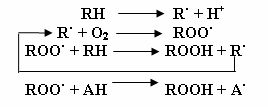 Peroxide chain reaction characterized by initiation, propagation and termination. (RH: PUFA; R·: free radical; ROO·: peroxide; ROOH: hydroxyl peroxide; AH: vitamin E; A·: oxidized Vitamin E. Adapted from: Tappel AL. Vitamin E and free radical peroxidation of lipids. Annals of the New York Academy of Sciences. 1972; 203(1):12‐28.